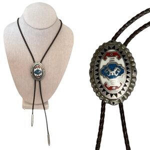 Vintage Southwest Oval Bolo Tie Leather Braided Necklace Lariat